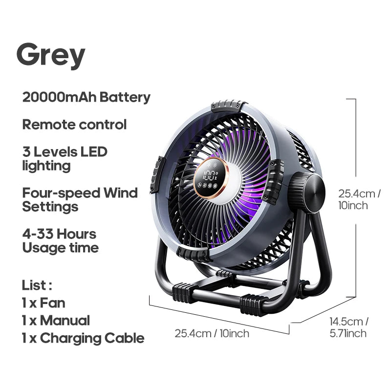 KINSCOTER 6-in-1-Campingventilator, 20.000 mAh wiederaufladbarer Akku, tragbarer Outdoor-Ventilator, 4-Gang-Luftzirkulatoren mit Haken und LED-Licht