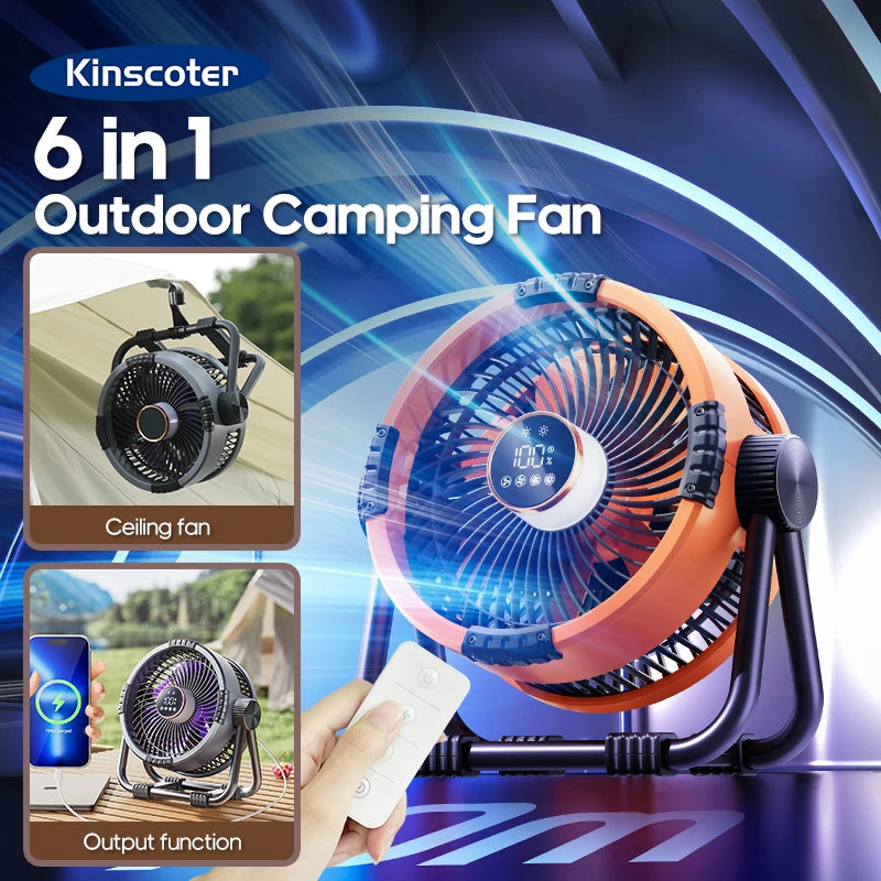 KINSCOTER 6-in-1-Campingventilator, 20.000 mAh wiederaufladbarer Akku, tragbarer Outdoor-Ventilator, 4-Gang-Luftzirkulatoren mit Haken und LED-Licht