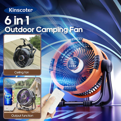 KINSCOTER 6-in-1-Campingventilator, 20.000 mAh wiederaufladbarer Akku, tragbarer Outdoor-Ventilator, 4-Gang-Luftzirkulatoren mit Haken und LED-Licht