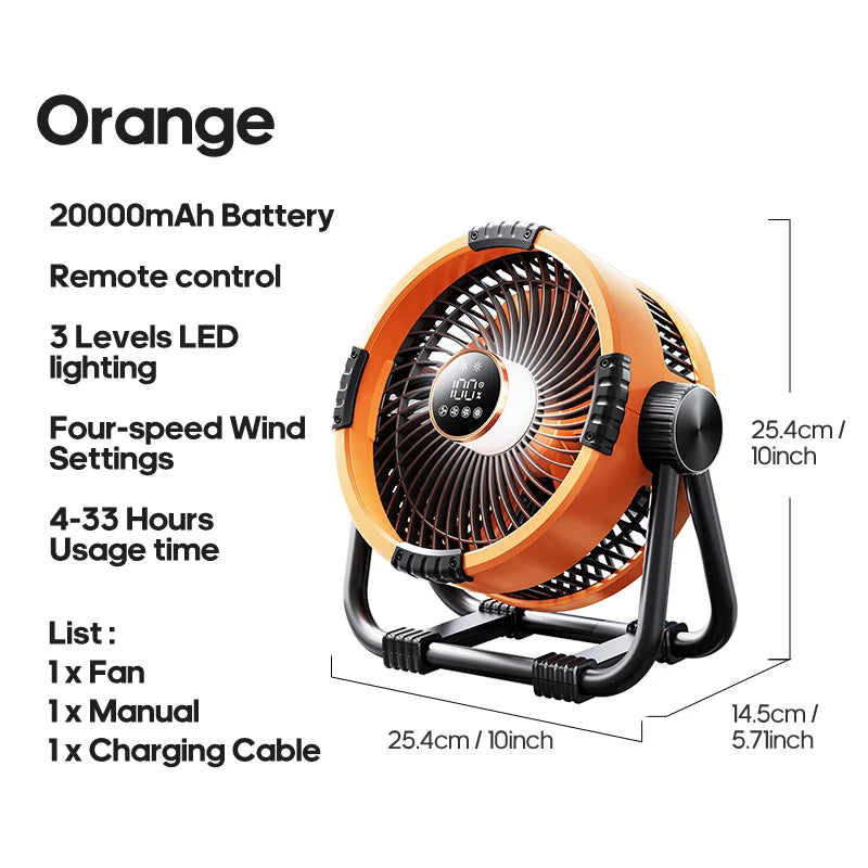KINSCOTER 6-in-1-Campingventilator, 20.000 mAh wiederaufladbarer Akku, tragbarer Outdoor-Ventilator, 4-Gang-Luftzirkulatoren mit Haken und LED-Licht